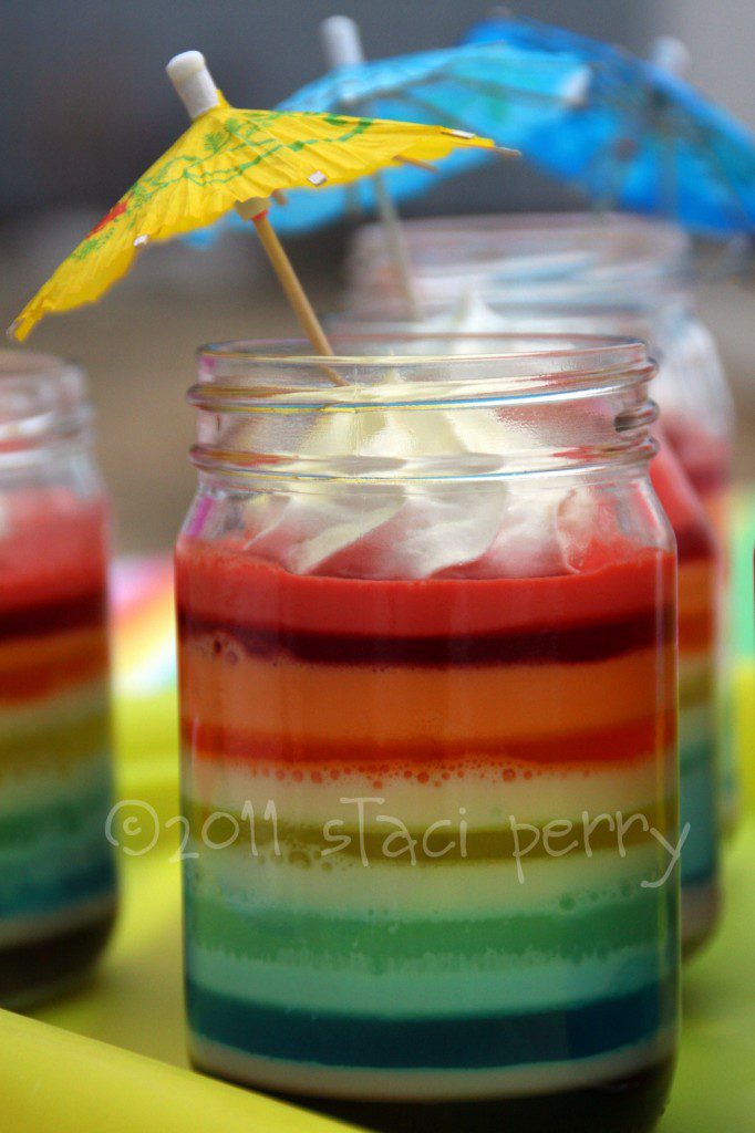 jars with layers of JELLO to make rainbows
