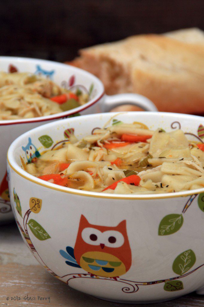 cute owl mug bowl with chicken noodle soup and bread
