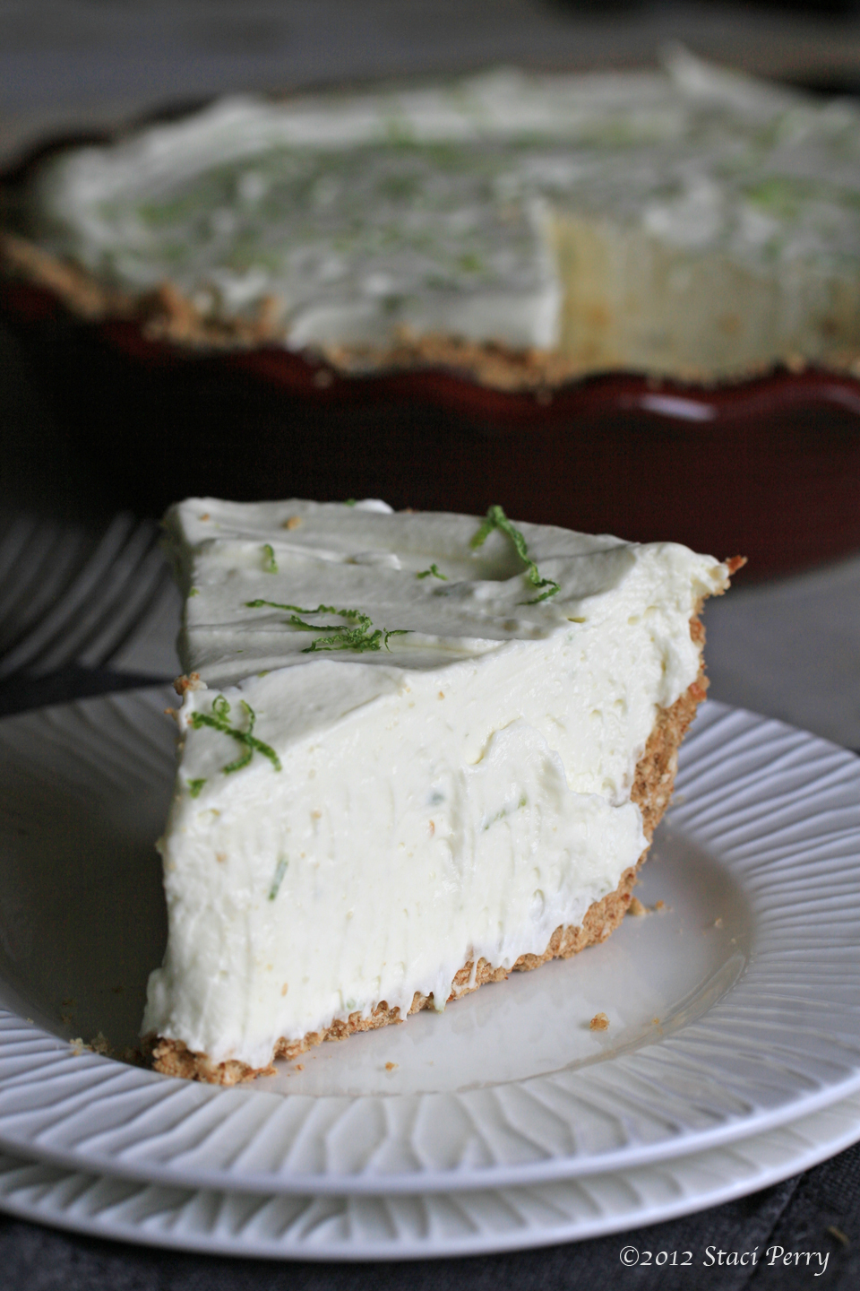 slice of no-bake lime pie on a white plate