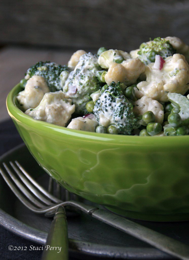 broccoli ranch salad with cauliflower red onion celery peas 