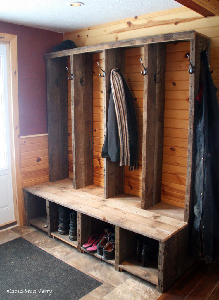 entryway bench constructed of reclaimed barn wood