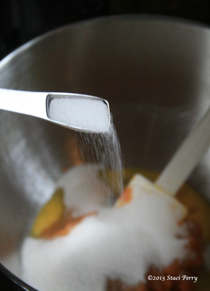 salt sugar eggs and pumpkin in mixing bowl