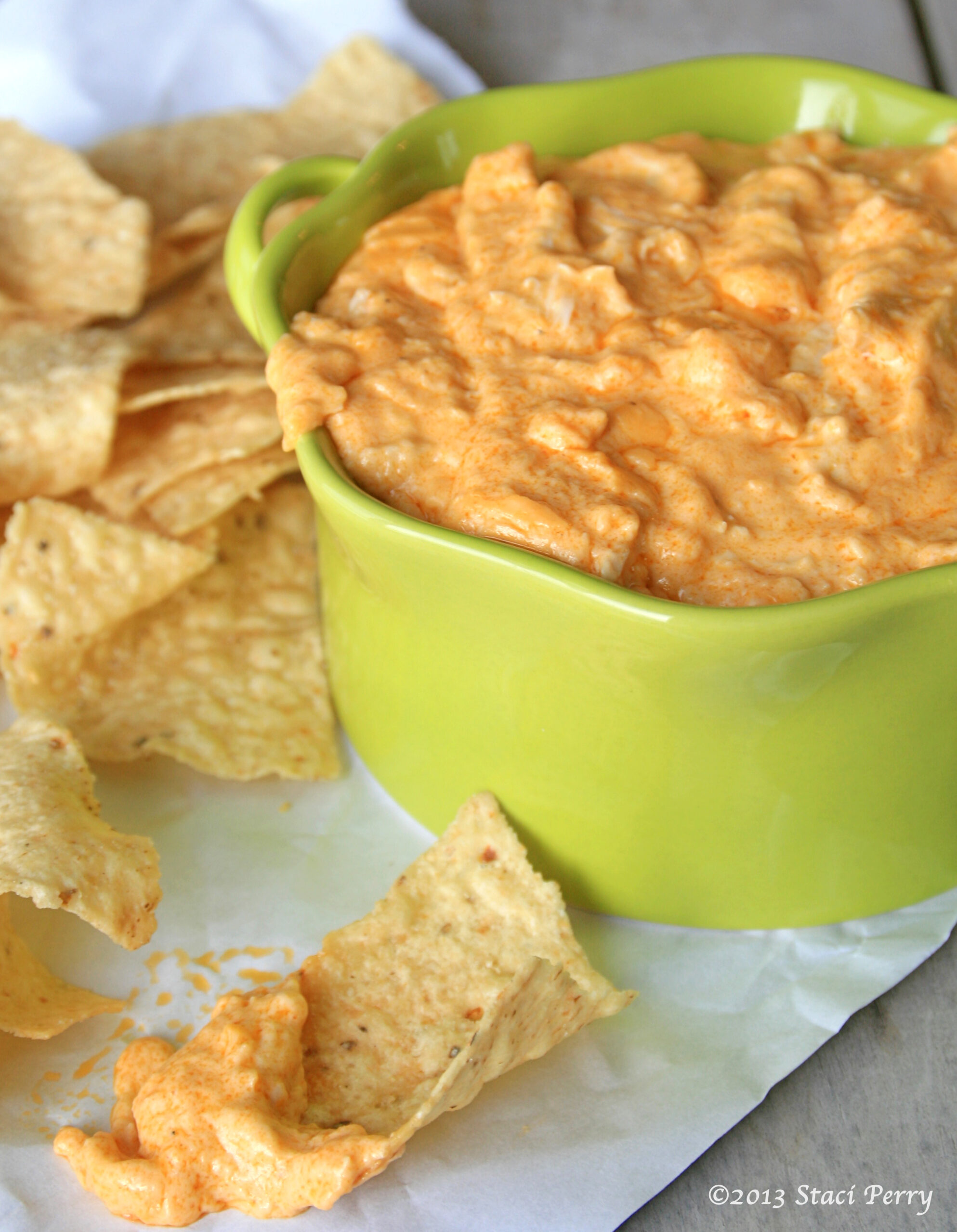 Game day food for Super Bowl, chips with buffalo chicken dip and