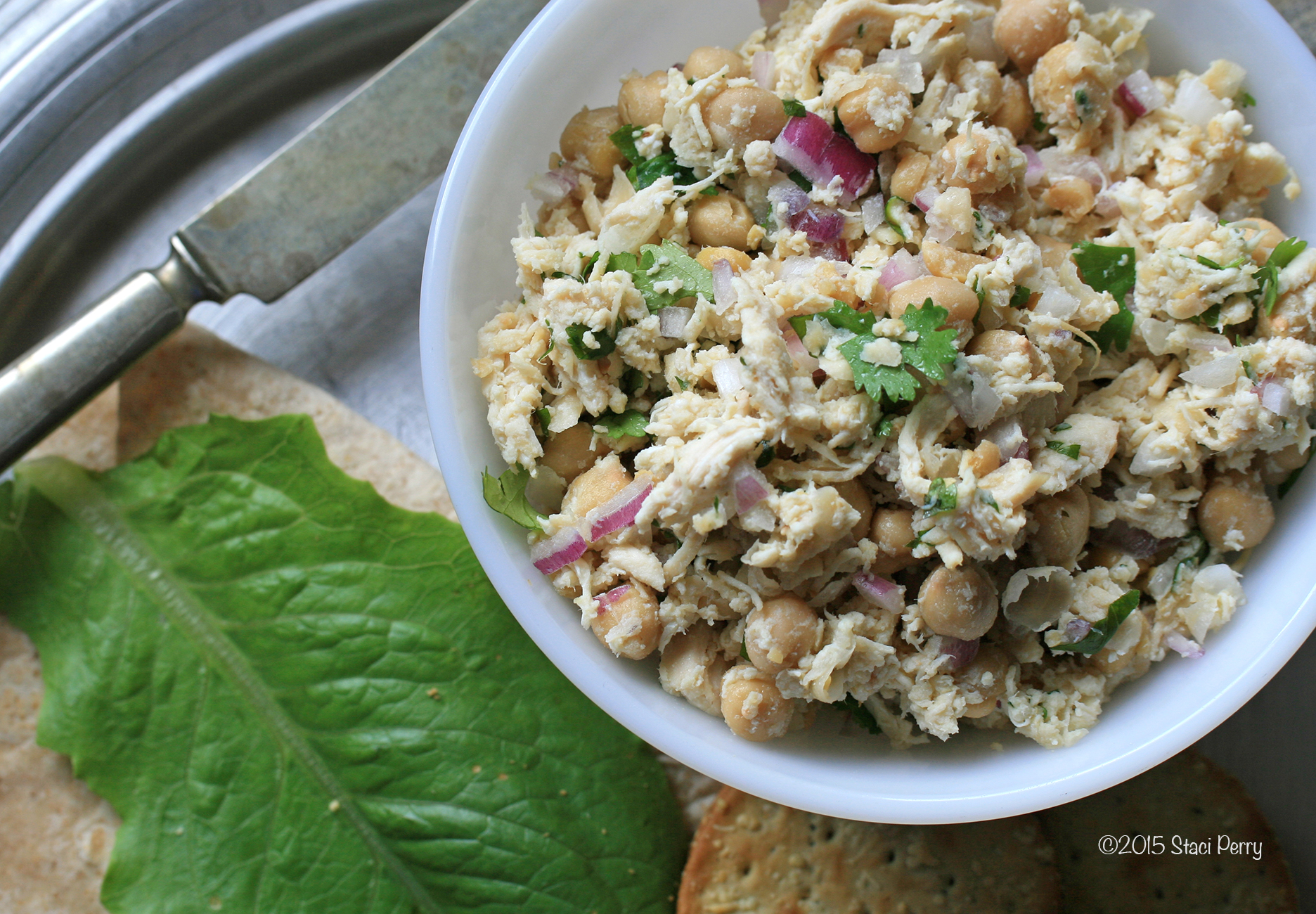 bowl of chicken cilantro chickpe salad