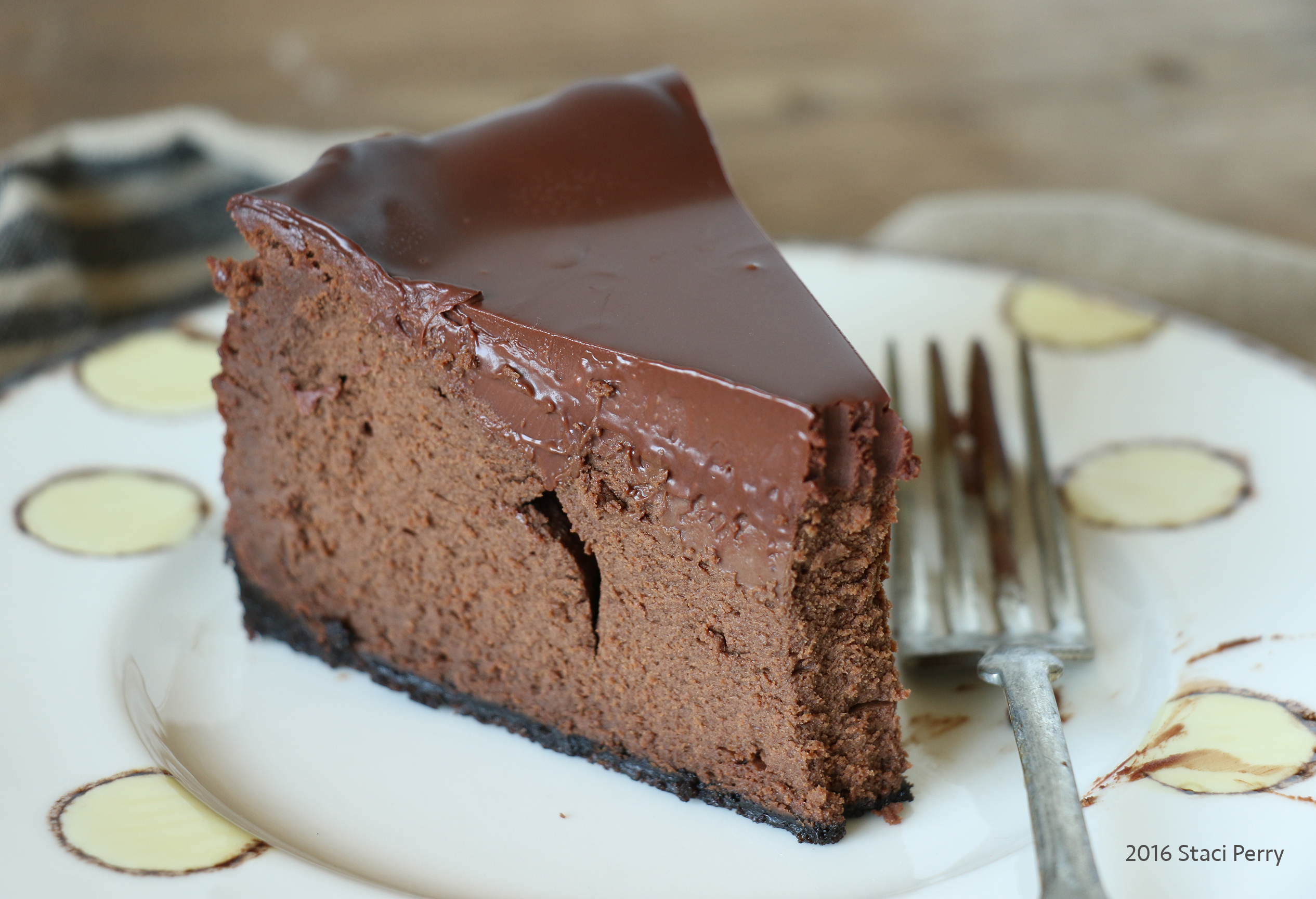 The Crack Was My Best Mistake, Deep Dark Chocolate Cheesecake with Honey Ganache