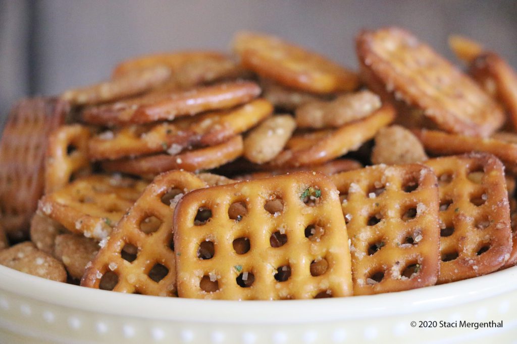 closeup picture of spicy pretzel snack mix