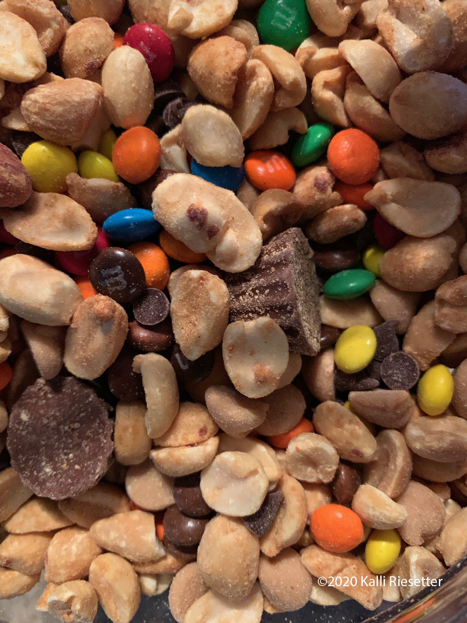 bowl of M&m's peanut butter chips mini Reese's peanut butter cups dry roasted peanuts