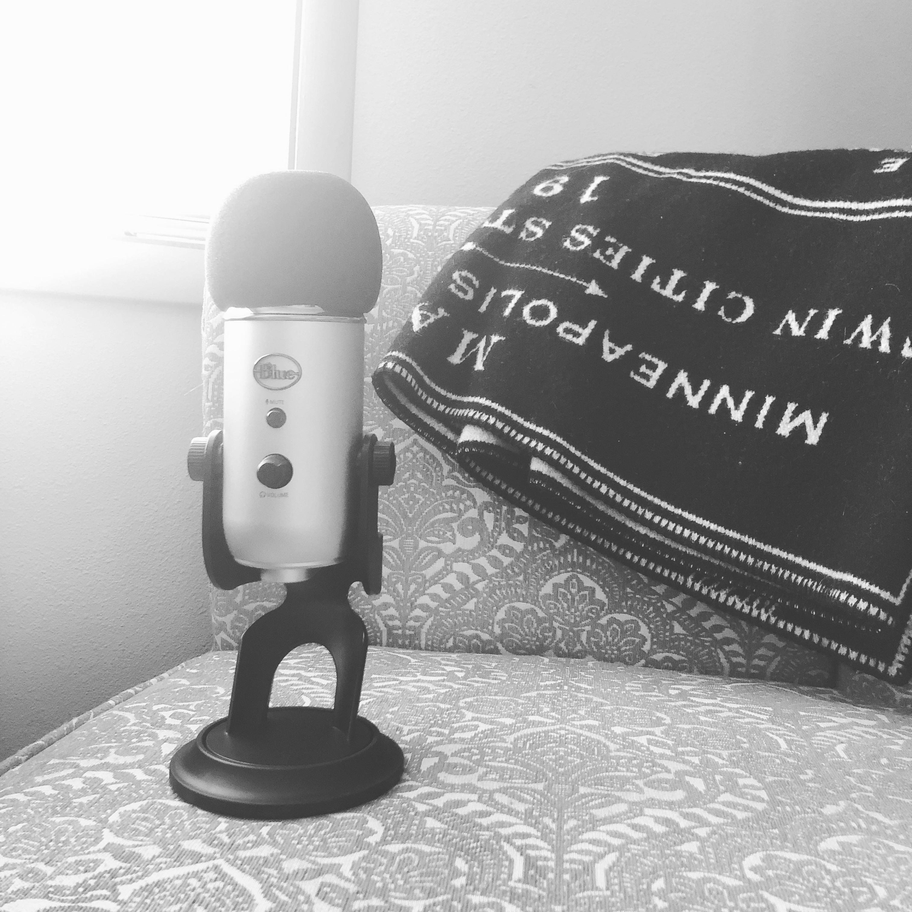 podcast microphone on a chair