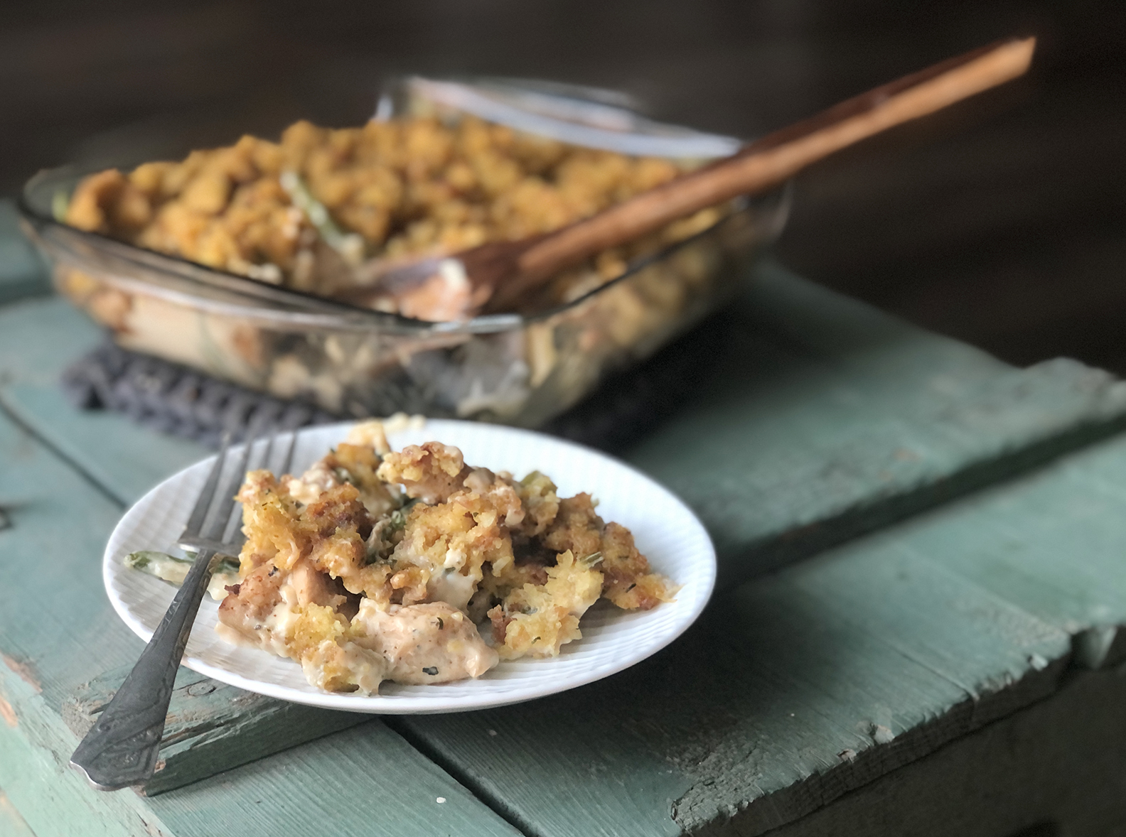 plate of chicken and broccoli casserole with green beans instead of broccoli