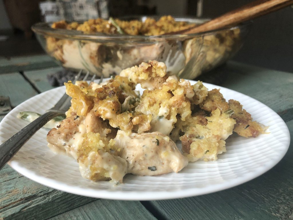 plate of chicken broccoli or green bean stuffing casserole