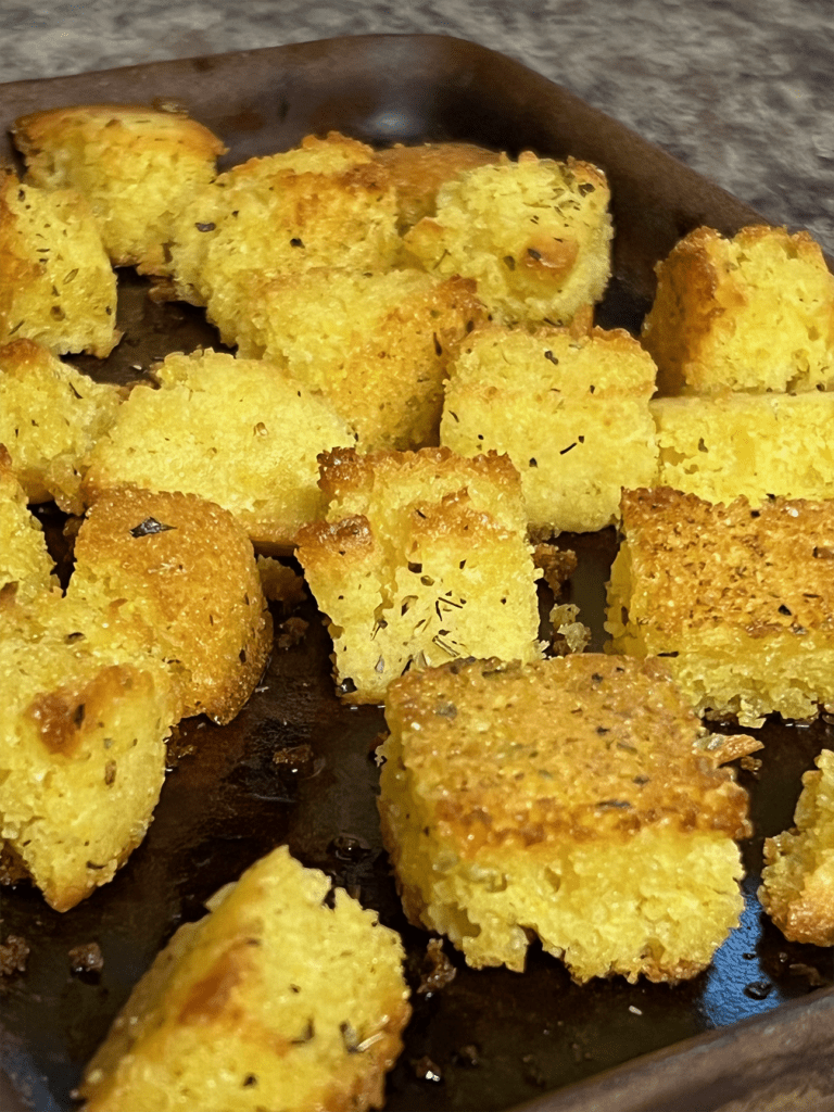pan of cornbread croutons
