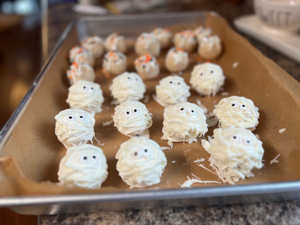 mummy cake balls on pan
