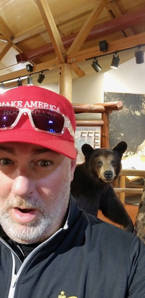 Jason with black bear exhibit at Jacob V. Brower Visitor Center Itasca State Park