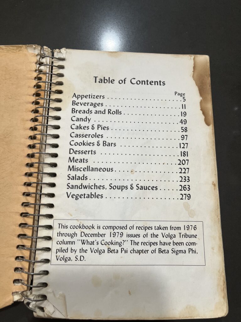 community cookbook table of contents page