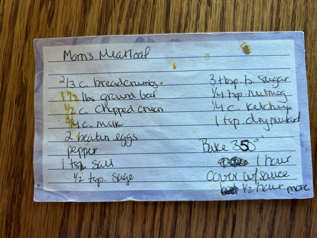 Christianne's Mom's meatloaf recipe on a tattered recipe card
