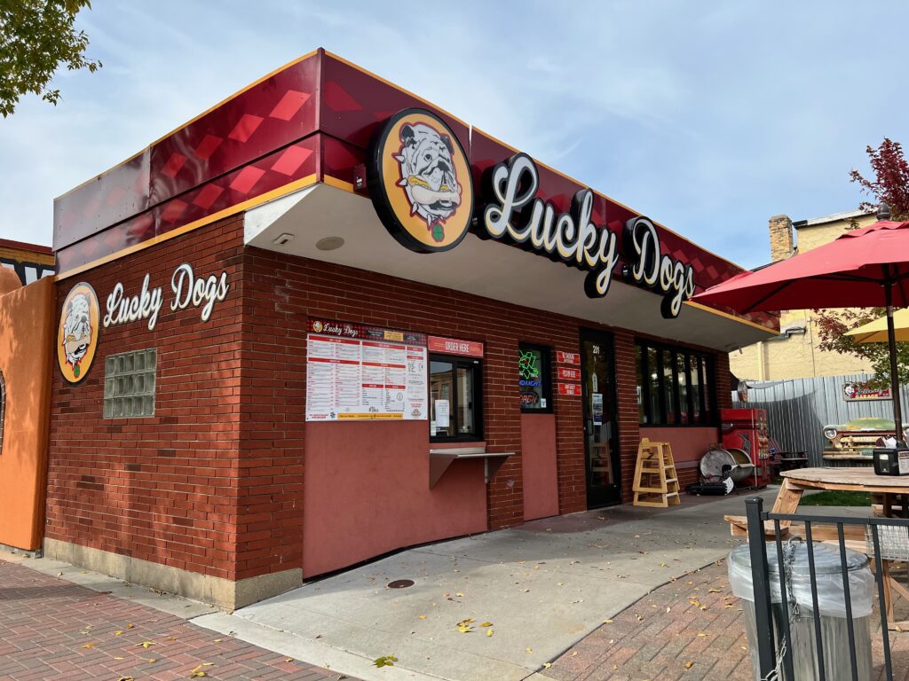 front of Lucky Dogs Gourmet Hot Dogs in Bemidji