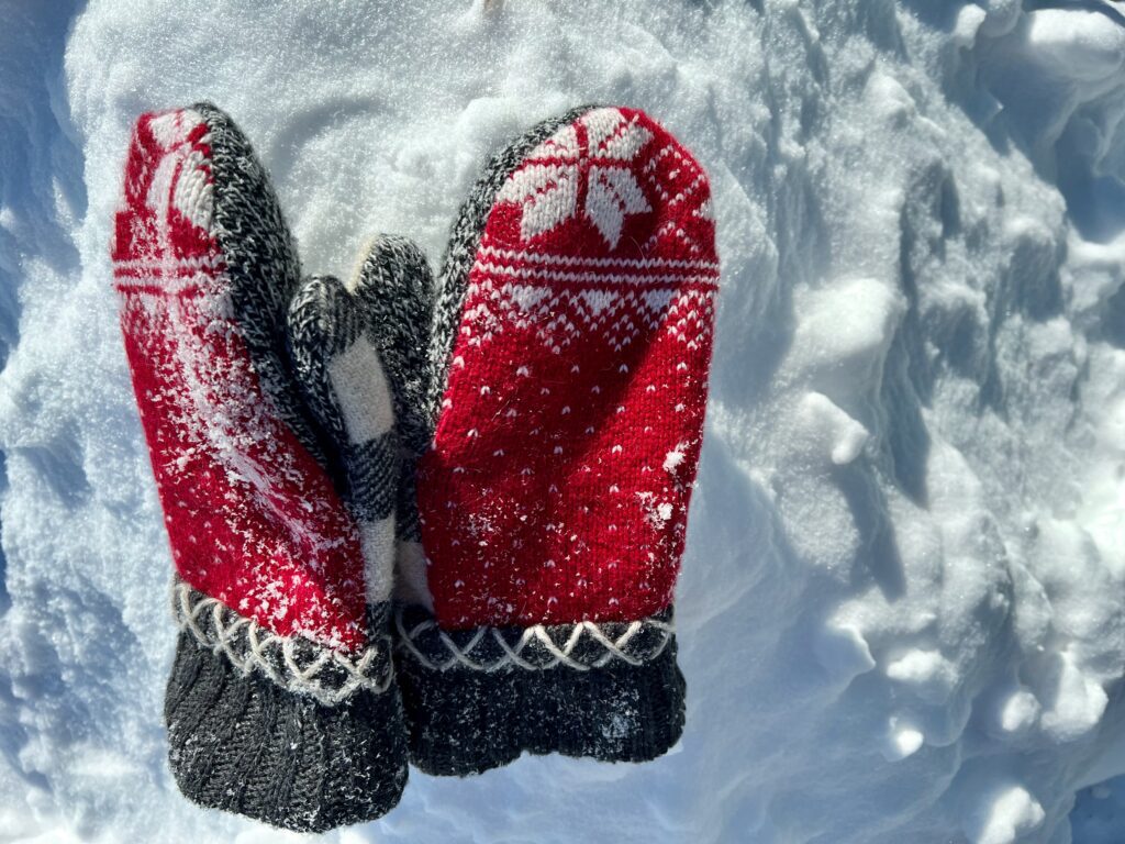 a red pair of wool mittens from Bemidji Woolen Mills