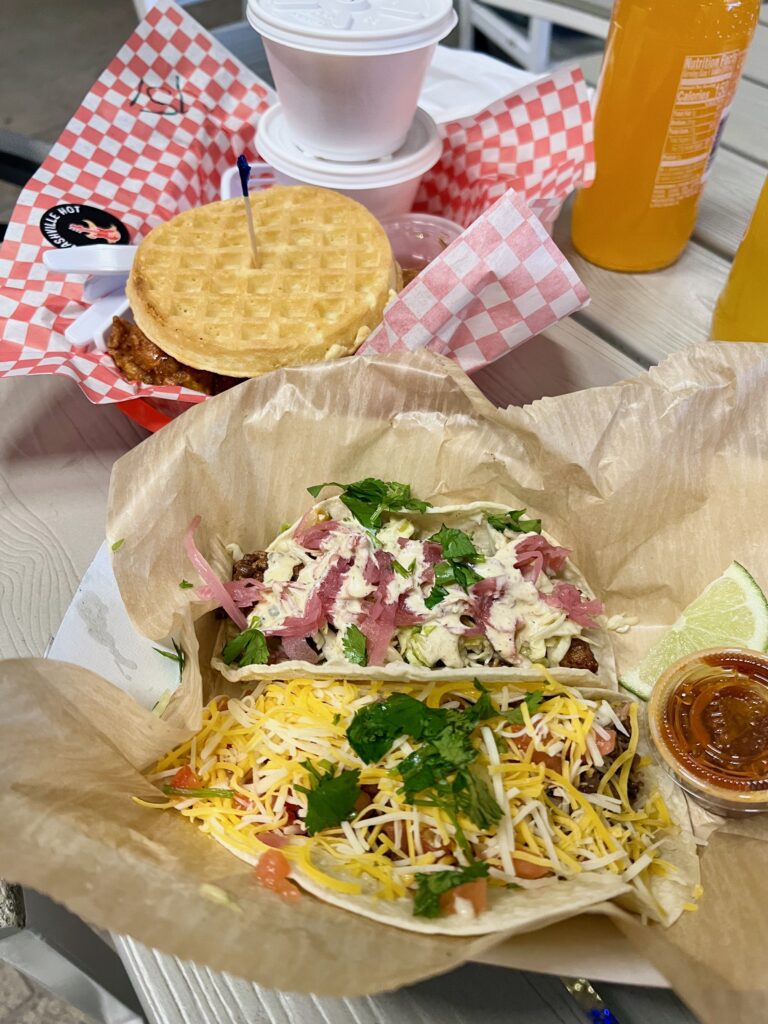 beef taco and fried mahi mahi taco at Calavera Tacos