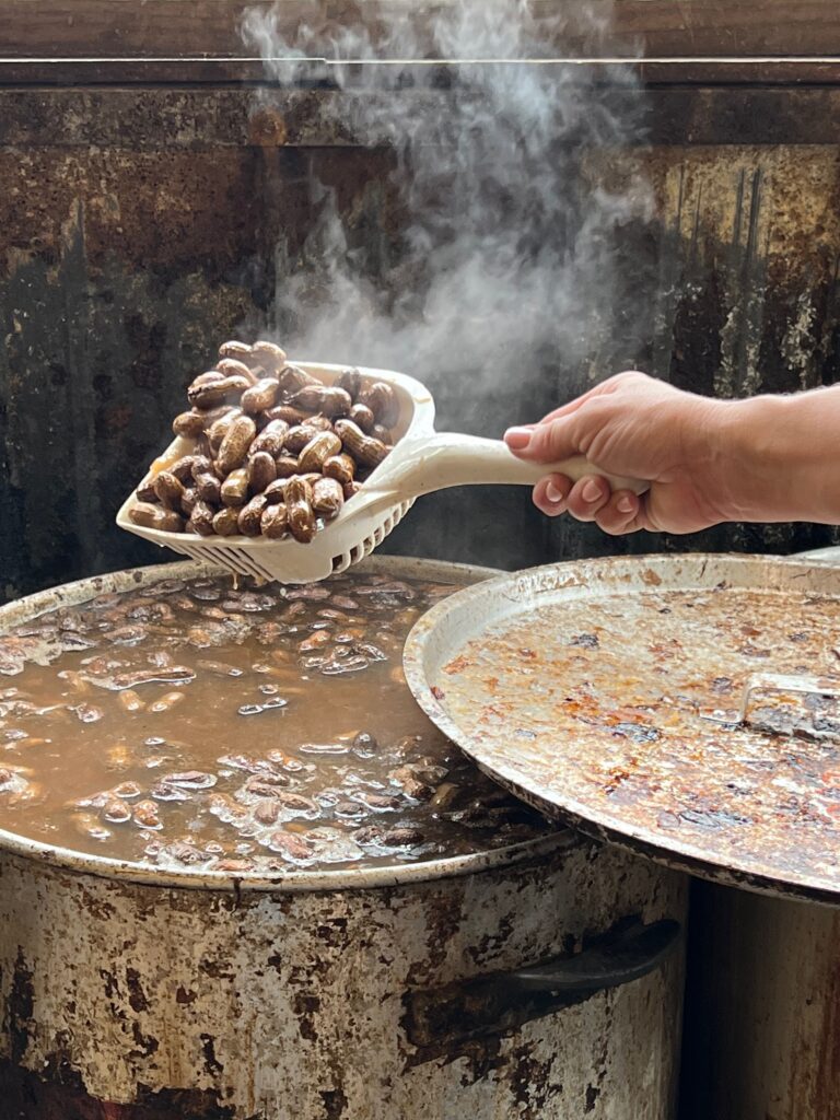 lifting a scoop of hot boiled peanuts out of a vat