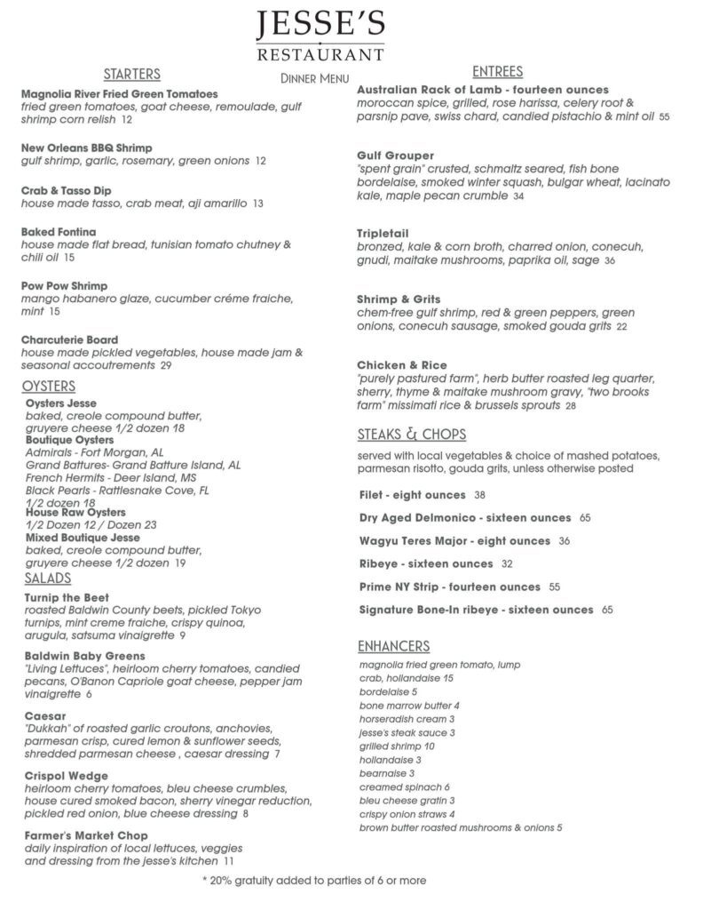 Jesse's Restaurant menu from February 24 2023