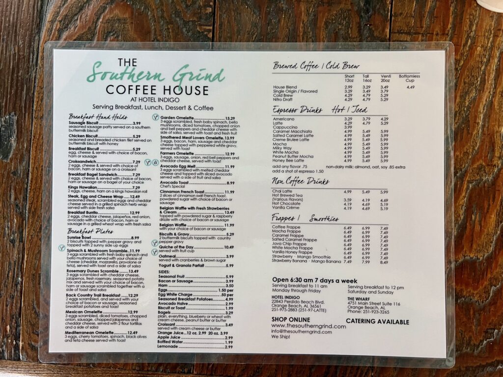menu at Southern Grind Coffee House 