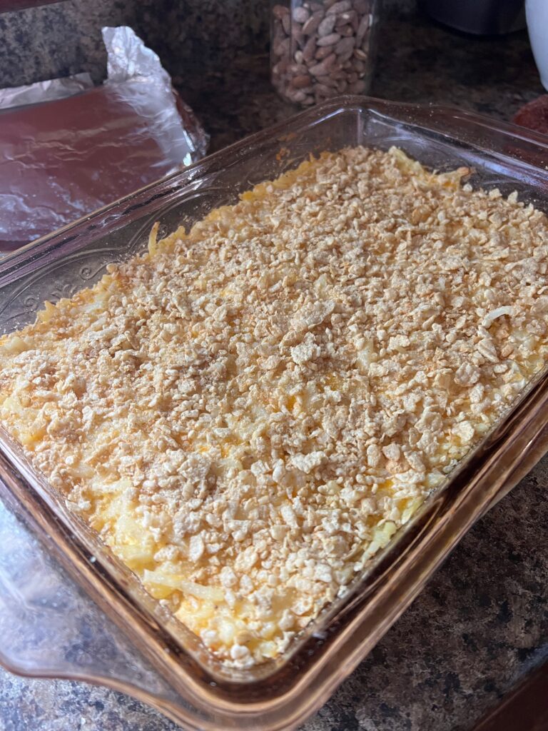 crushed corn flakes cereal on cheesy hash brown casserole 