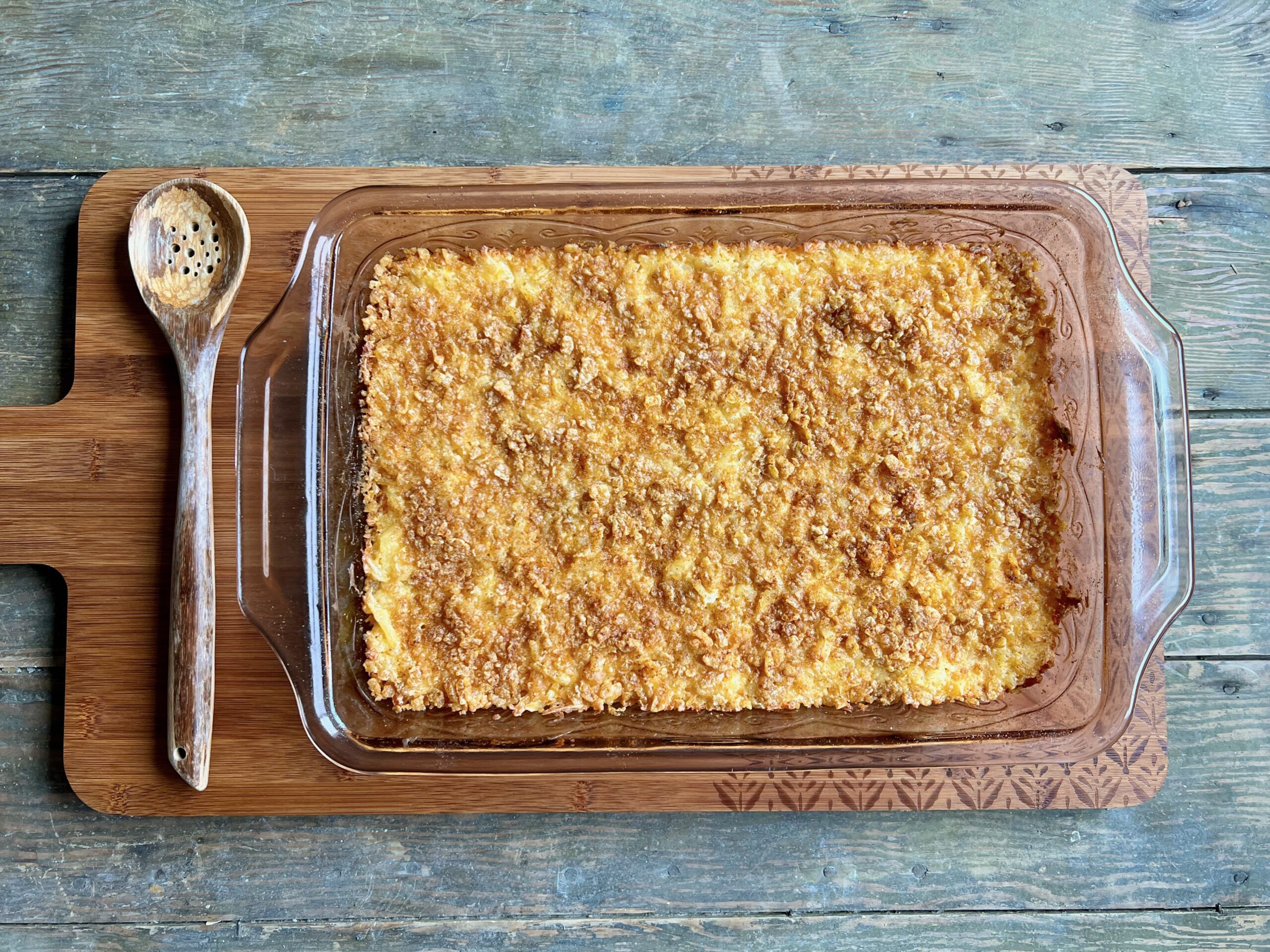 9x13 pan of funeral potatoes also known as cheesy hash brown casserole