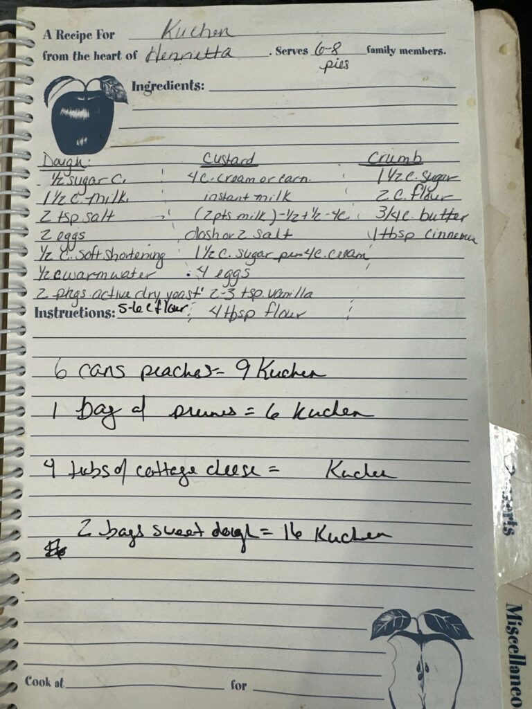 Aunt Henrietta's kuchen recipe written in a notebook