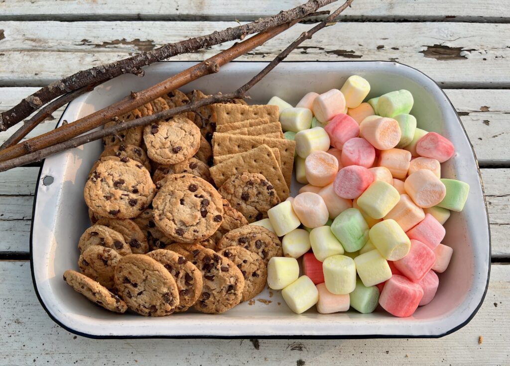 chocolate chip cookies, graham crackers and flavored marshmallows for s'mores