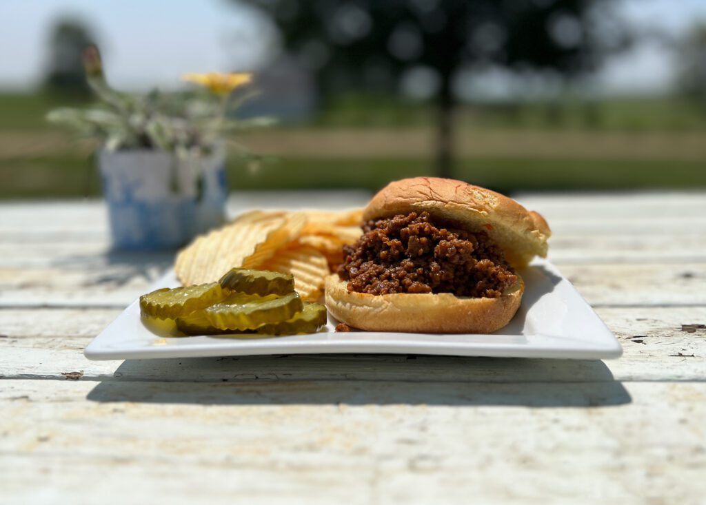 honey sloppy Joe on a plate with chips and pickles on a picnic table
