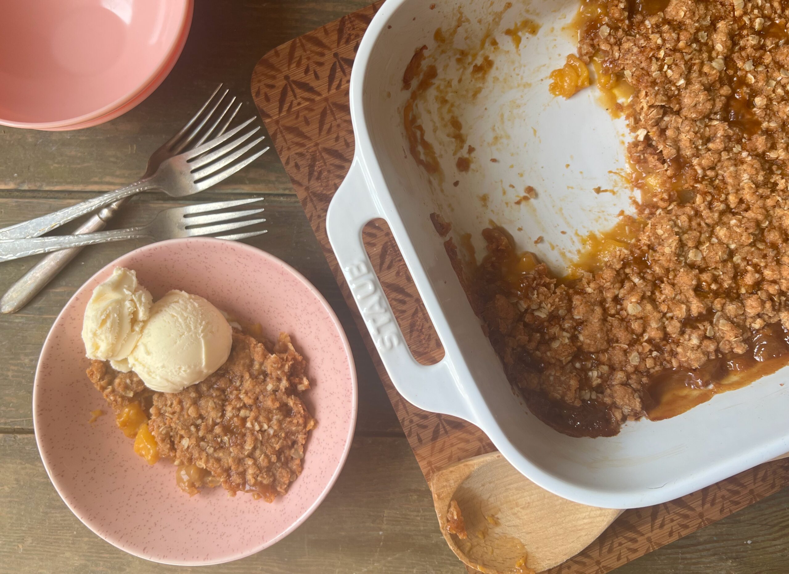 pan of butterscotch peach crisp