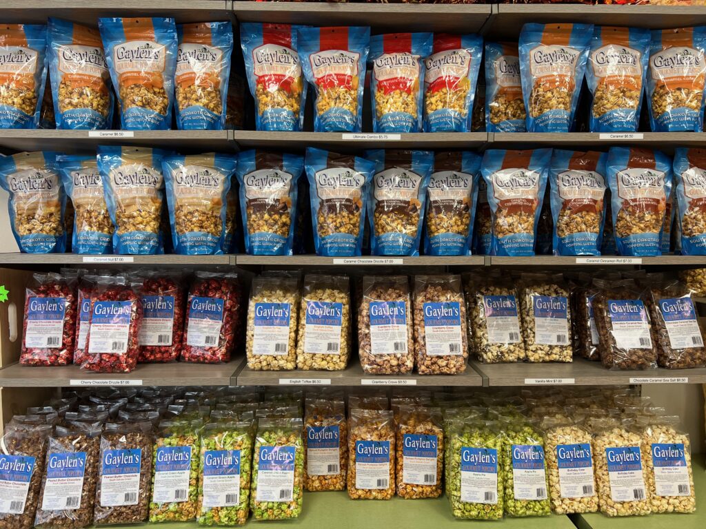 shelves of popcorn at Gaylen's Popcorn