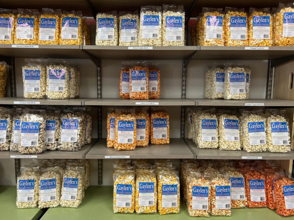 shelves of Gaylen's Popcorn