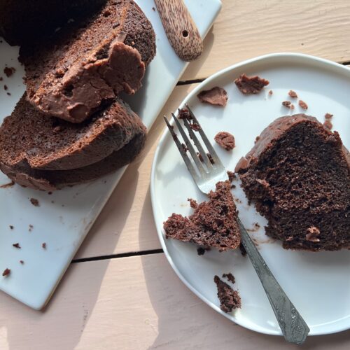 slice of chocolate fudge cake on a plate