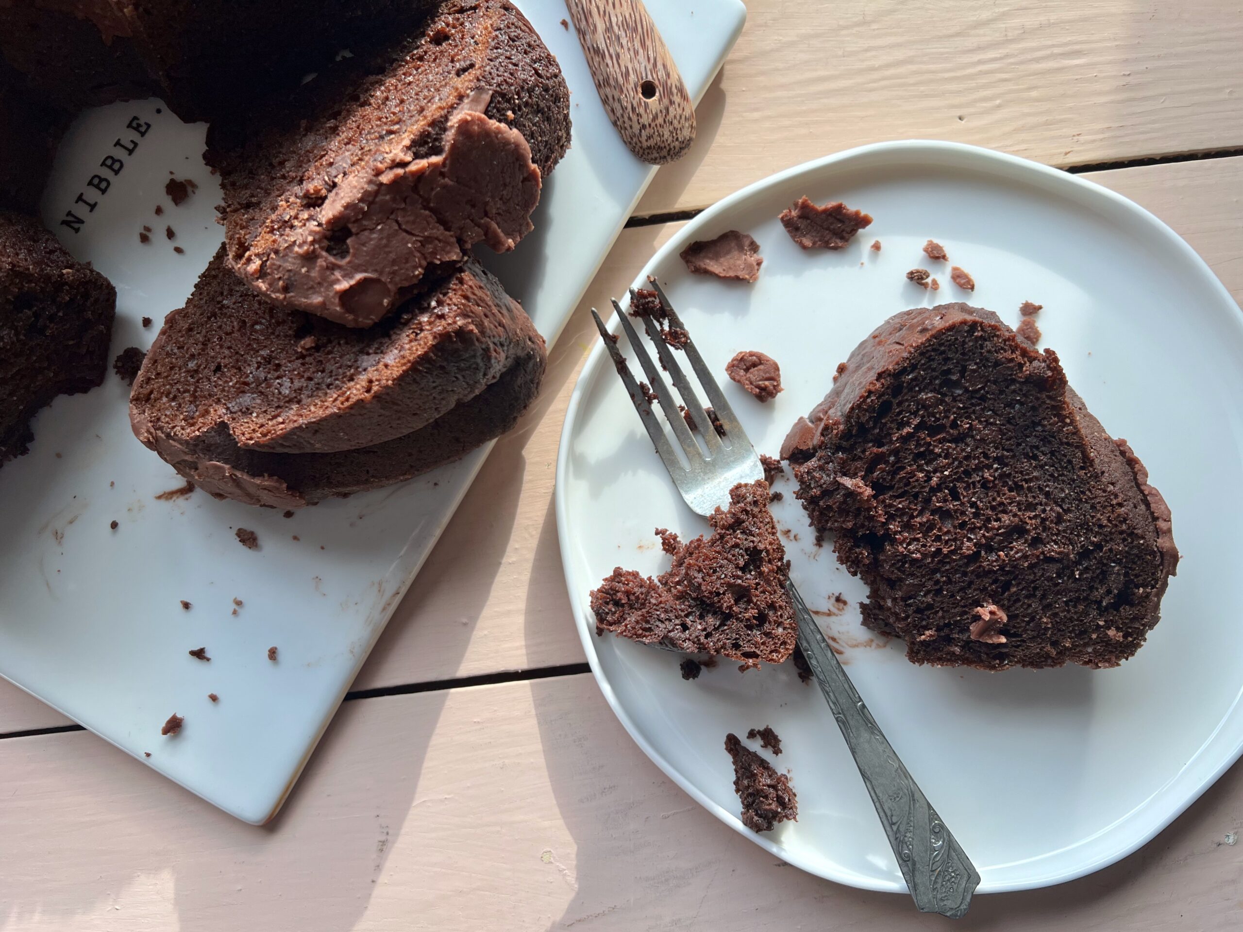 slice of chocolate fudge cake on a plate