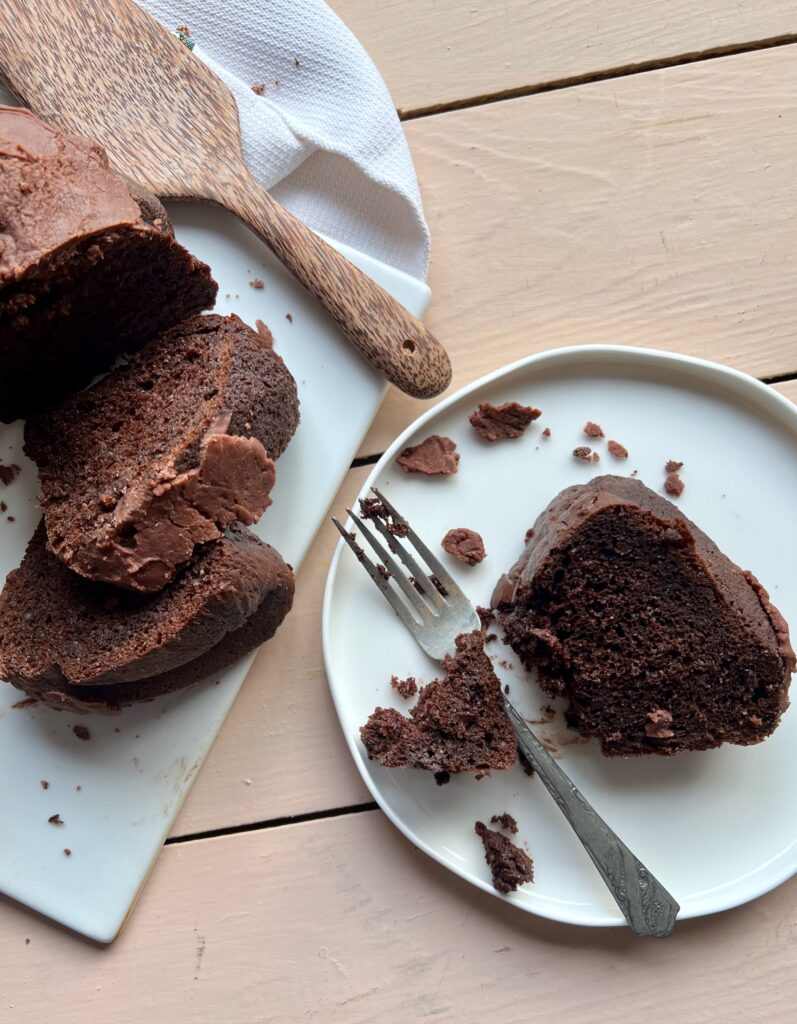 slice of chocolate fudge cake on a plate 