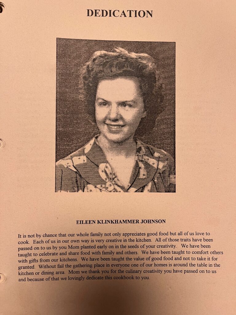 family cookbook dedication page to Eileen Klinkhammer Johnson 