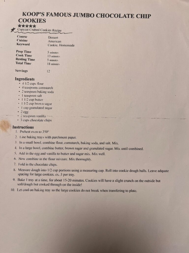 photo of a printed copy of a chocolate chip cookie recipe 