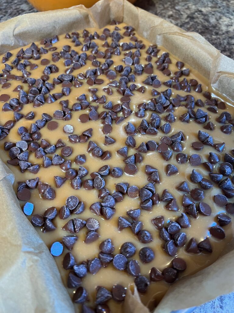 chocolate chips sprinkled over the caramel 