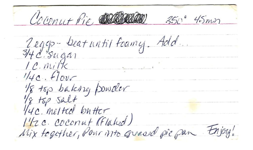 handwritten recipe for coconut pie 