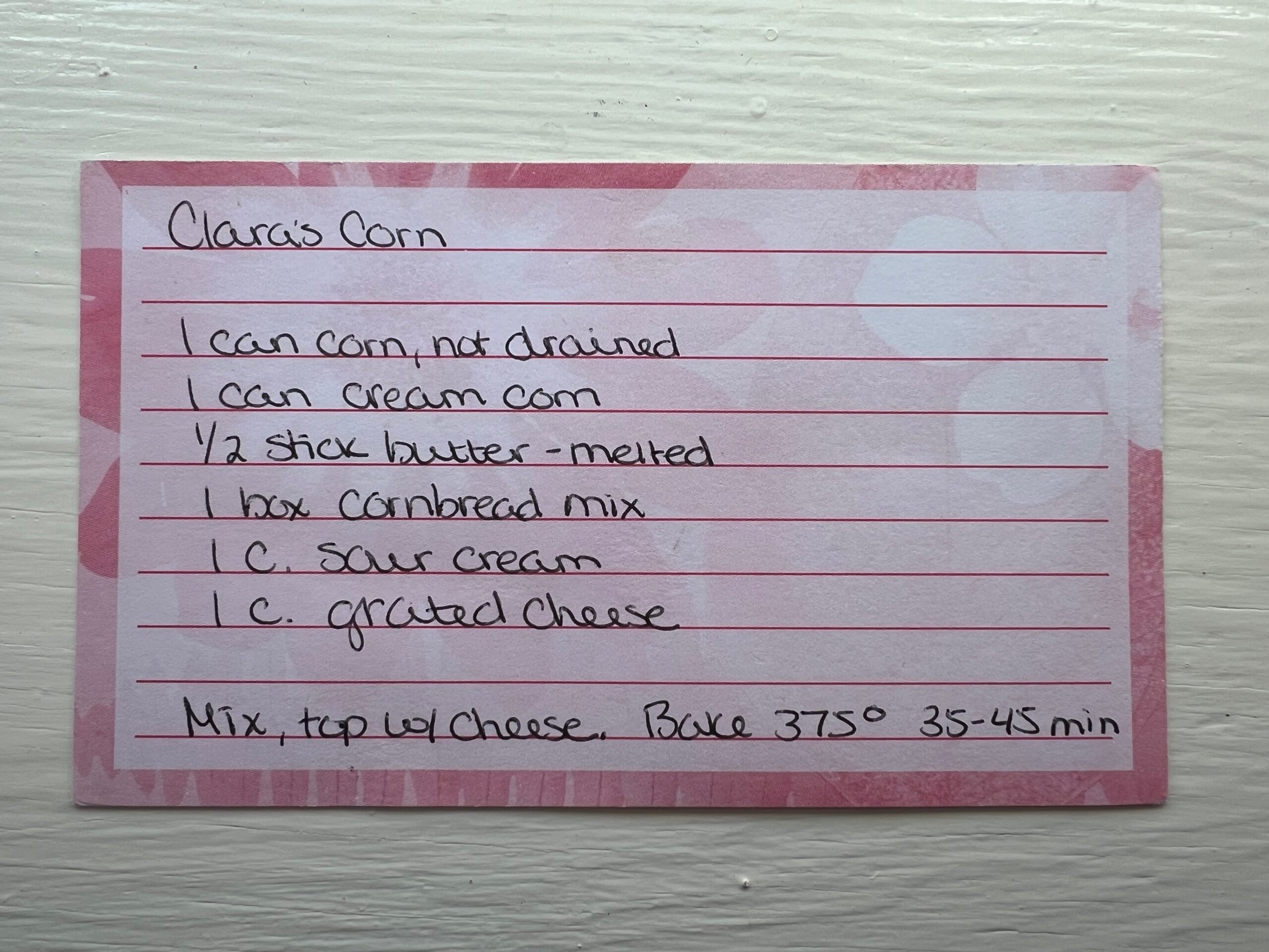 Clara's corn recipe card