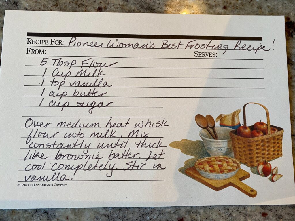 frosting recipe on a card