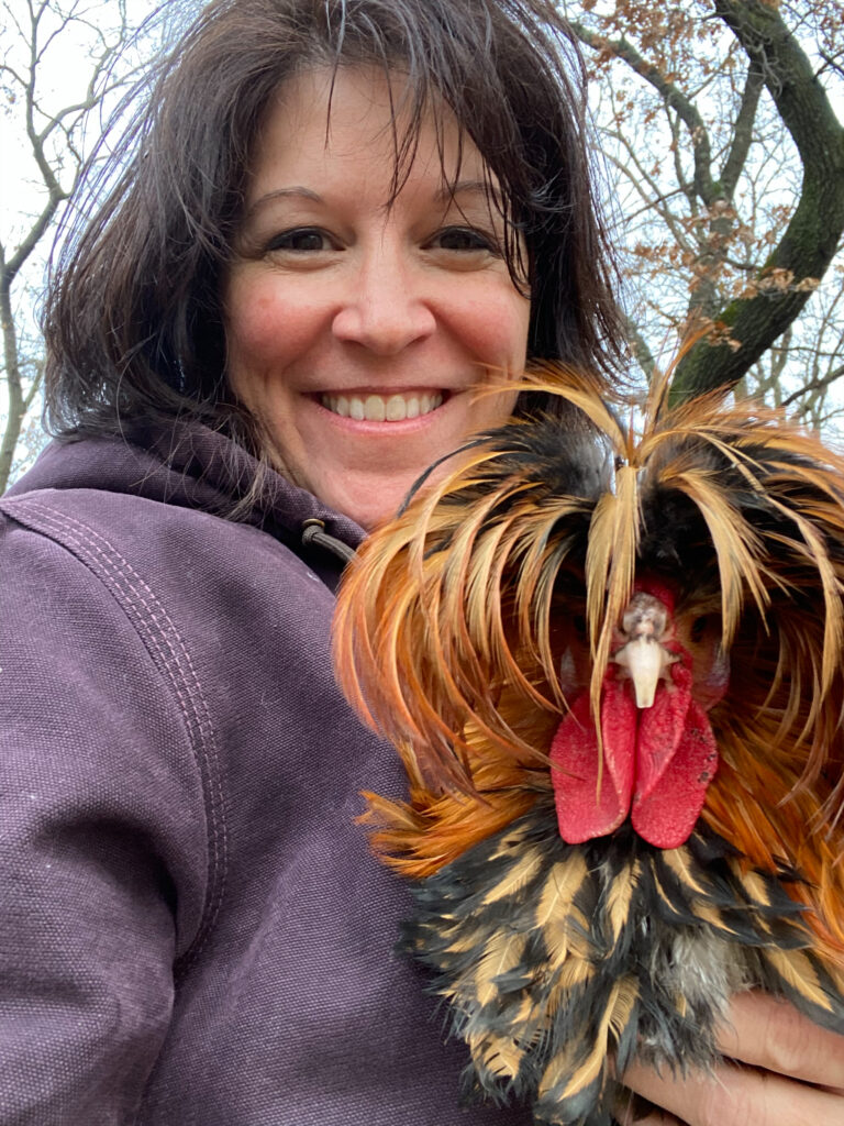 Shannon with one chicken