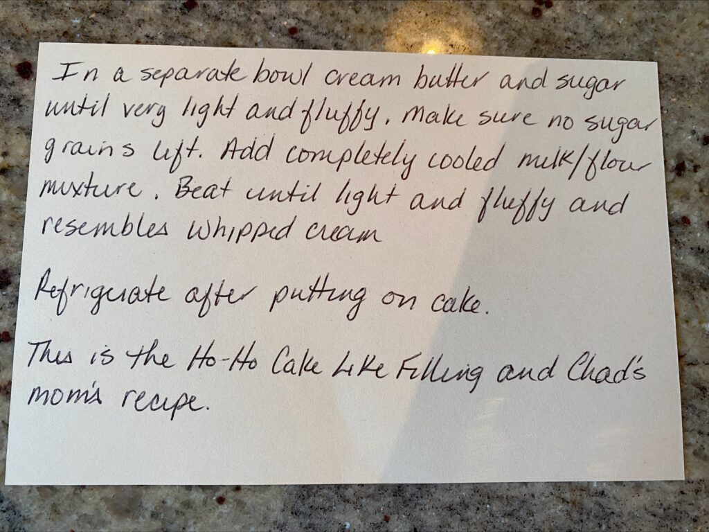 back of the recipe card with instructions for frosting 