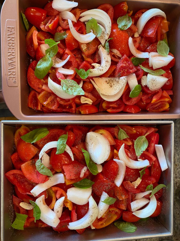 tomatoes, onions and basil in pans