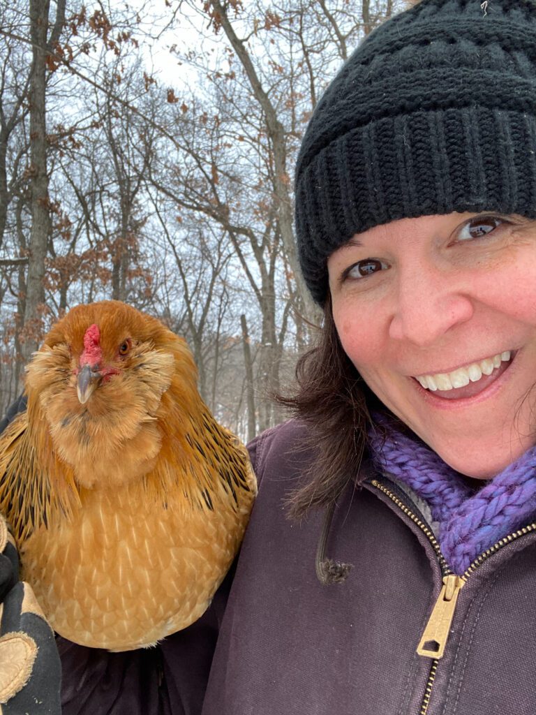 Shannon with one chicken 