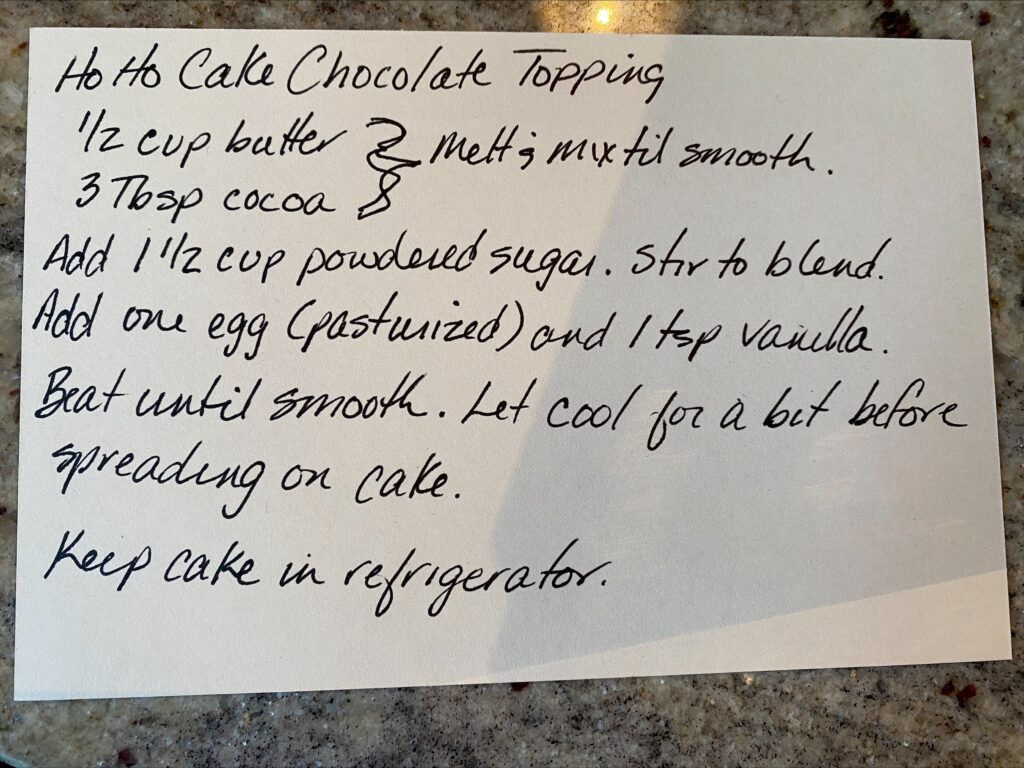 Ho Ho cake chocolate frosting recipe card 