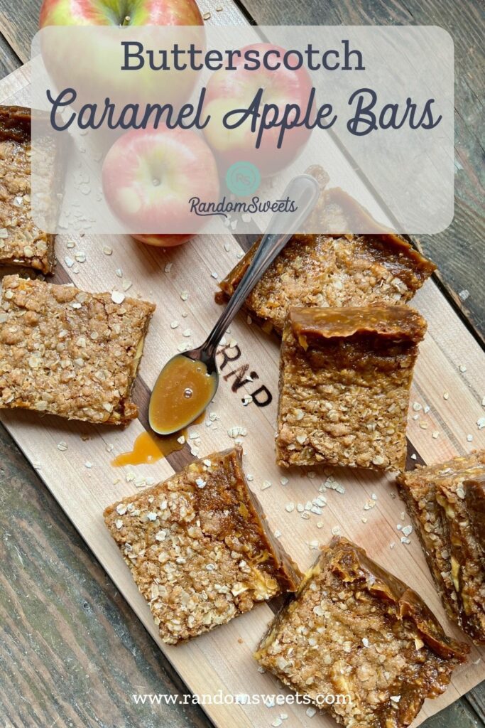 butterscotch caramel apple bars and apples on cutting board