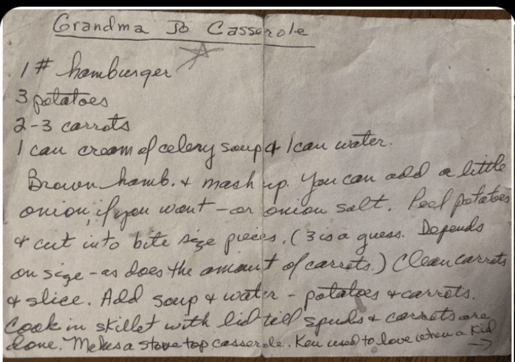 Grandma Jo Casserole recipe handwritten on paper comfort food