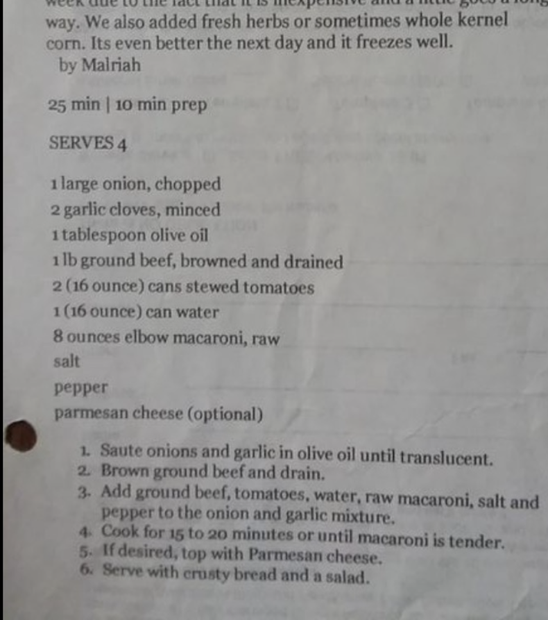 comfort food goulash recipe typed out